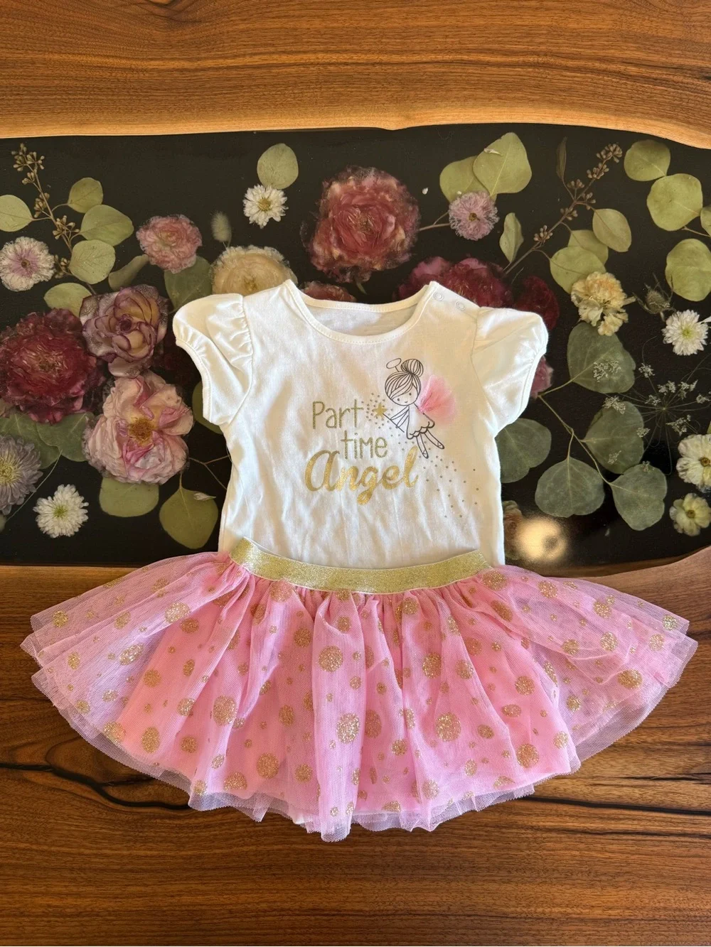 Baby Grand Signature 12 Months 2 Piece Pink Angel Gold Polka Dot Skirt Outfit